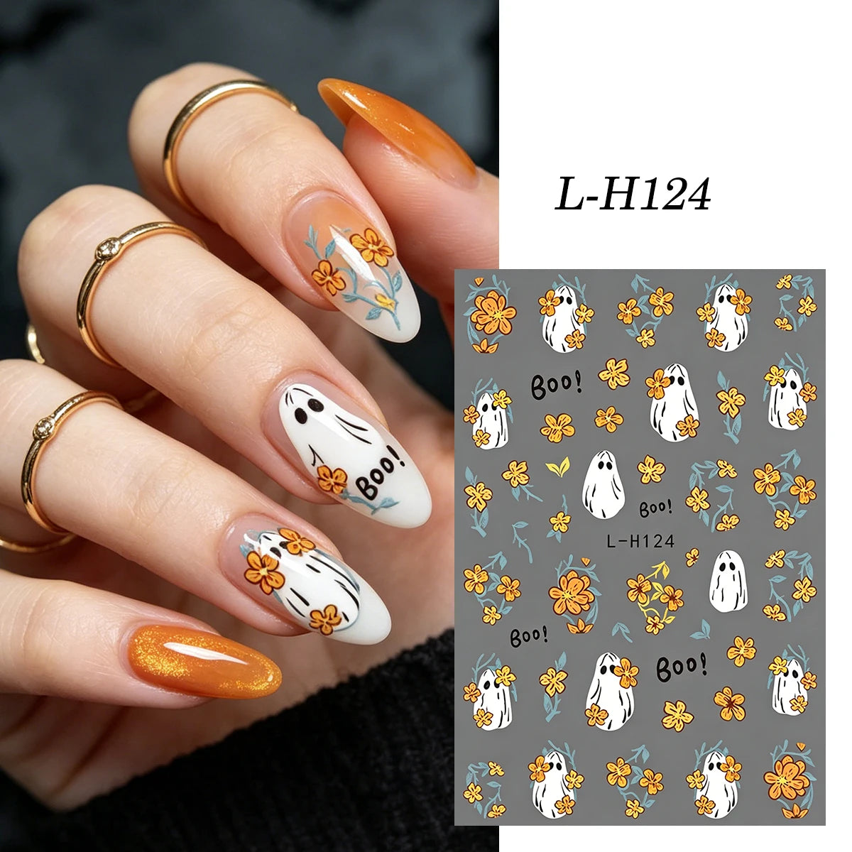 6 Stickers Ongles Halloween Gothique - Fantôme, Chauve-souris, Corbeau