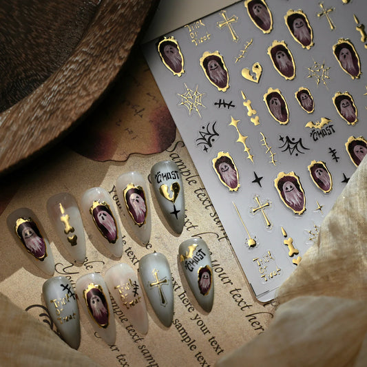 Stickers Ongles Halloween 5D Doré - Chauve-souris, Croix, Fantôme