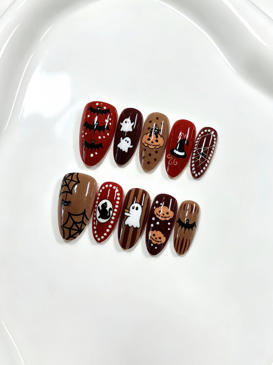 10 Faux Ongles Halloween Amande - Citrouilles, Fantômes, Chats Noirs