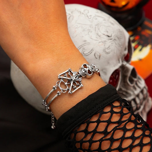 Bracelet main squelette Halloween – Argenté vintage