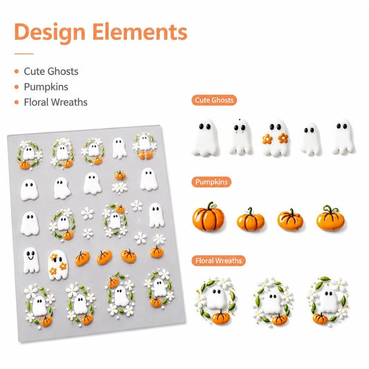 Planche Stickers Ongles Halloween 3D - Fantôme, Citrouille, Marguerite