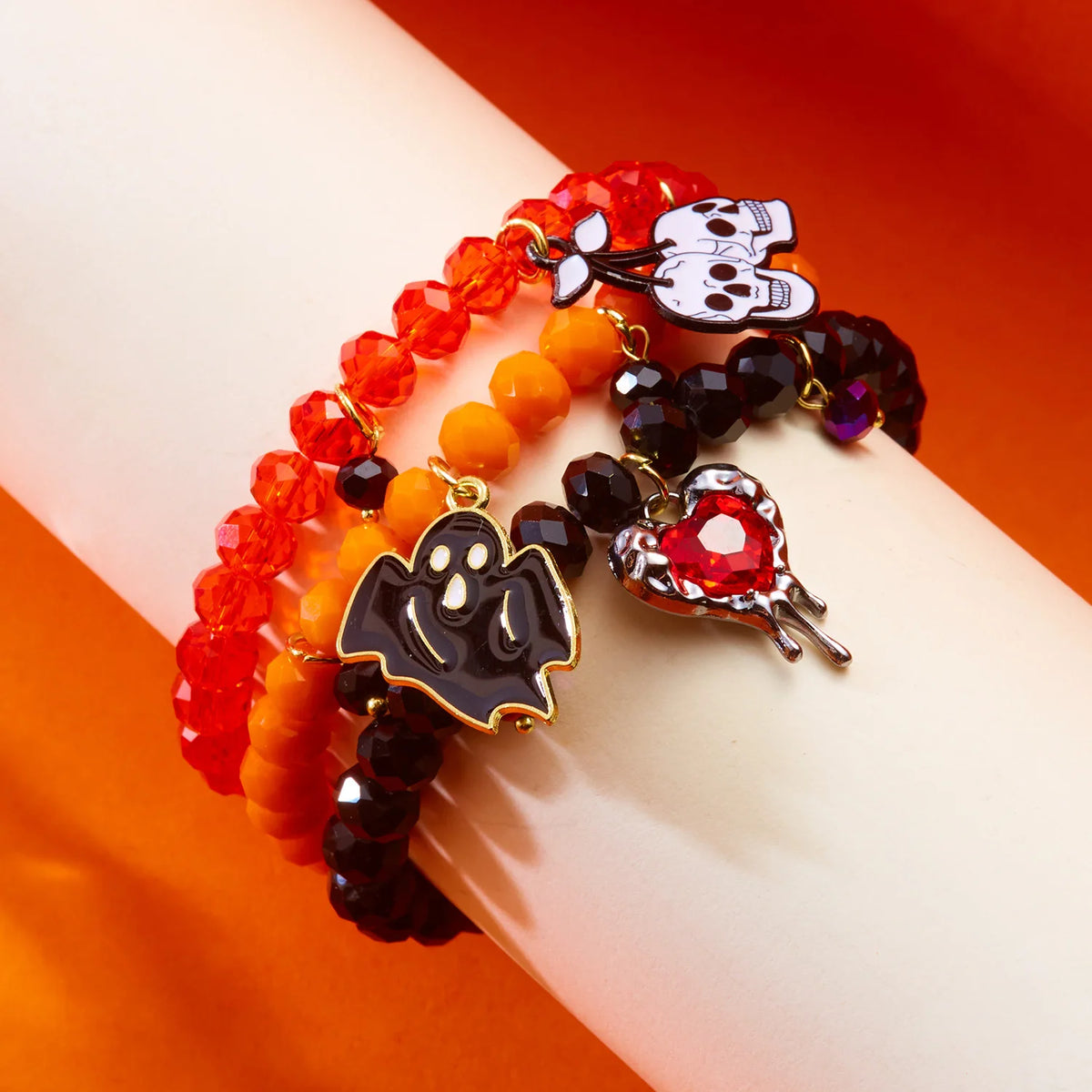Bracelet gothique Halloween – Crâne, chauve-souris et citrouille