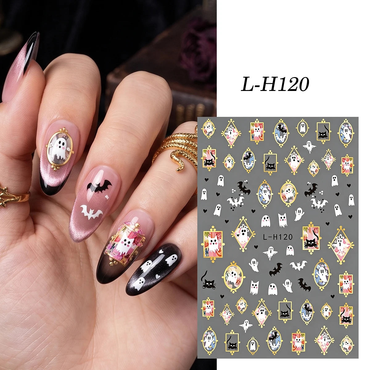 6 Stickers Ongles Halloween Gothique - Fantôme, Chauve-souris, Corbeau