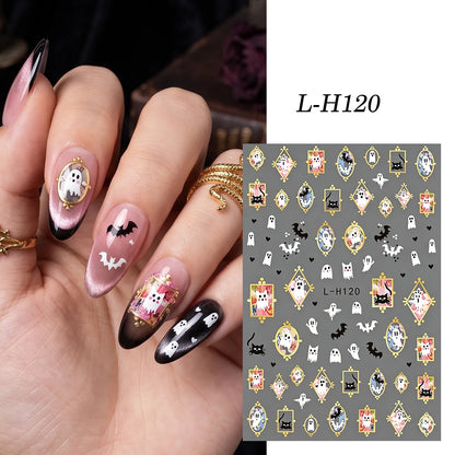 6 Stickers Ongles Halloween Gothique - Fantôme, Chauve-souris, Corbeau