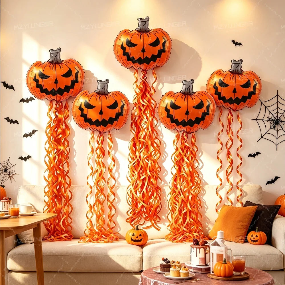 Set Décoration Halloween Ballons Citrouille et Rideau à Pampilles