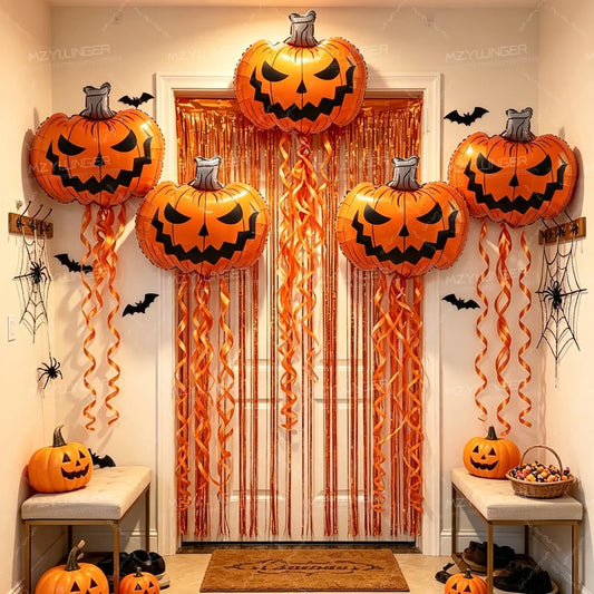 Set Décoration Halloween Ballons Citrouille et Rideau à Pampilles