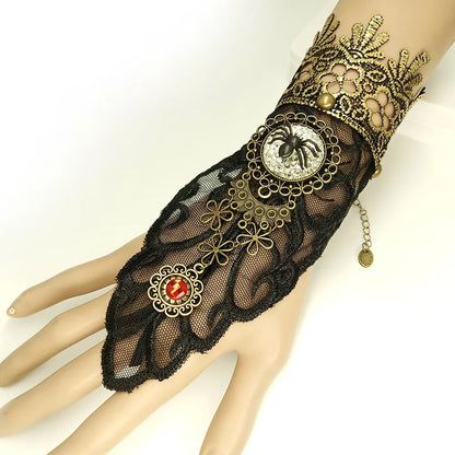 Bracelet gothique en dentelle – Crâne, squelette et araignée