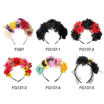 Couronne de Fleurs avec Voile Noir - Halloween Día de los Muertos