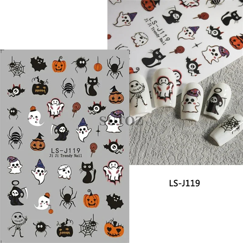 Stickers Ongles Halloween Mignons - Fantôme, Citrouille, Chat Noir