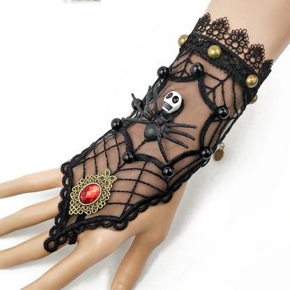 Bracelet gothique en dentelle – Crâne, squelette et araignée