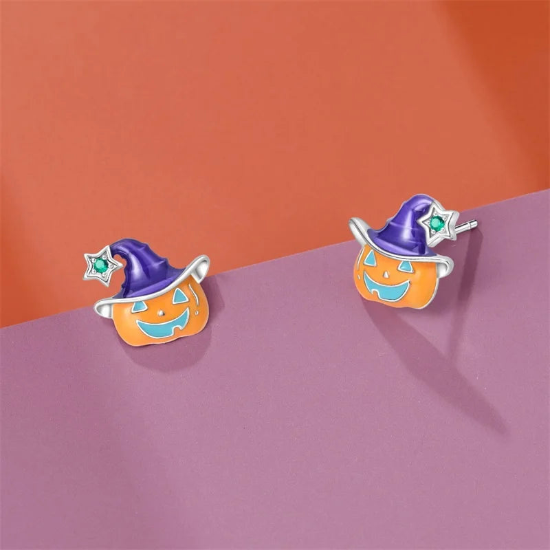 Boucles d'oreilles Halloween en argent sterling 925 – Citrouille, chauve-souris et fantôme