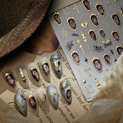 Stickers Ongles Halloween 5D Doré - Chauve-souris, Croix, Fantôme