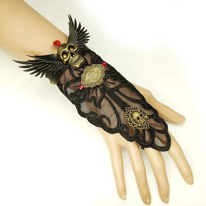 Bracelet gothique en dentelle – Crâne, squelette et araignée