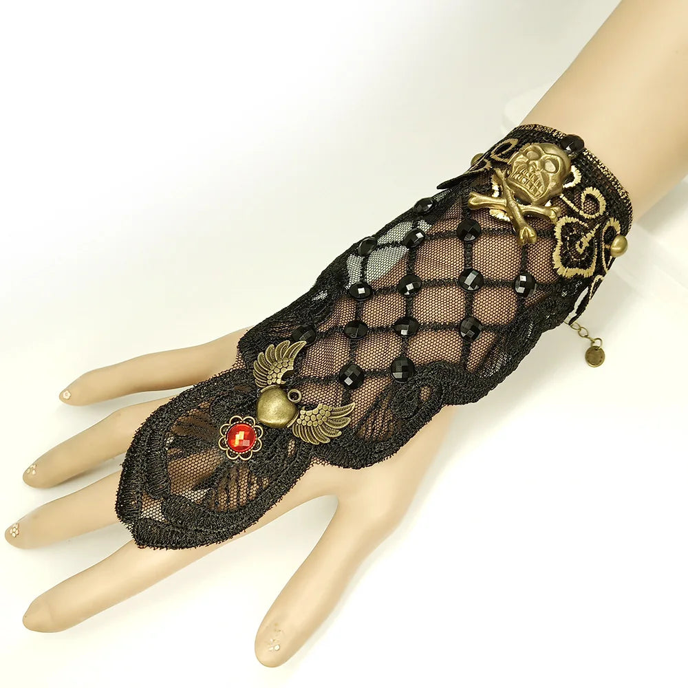 Bracelet gothique en dentelle – Crâne, squelette et araignée