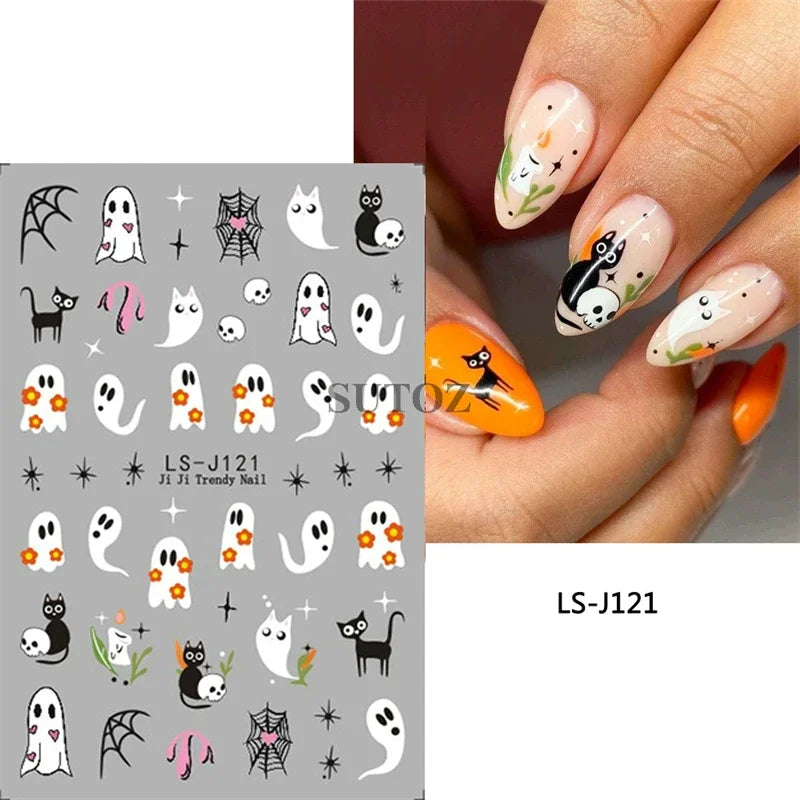Stickers Ongles Halloween Mignons - Fantôme, Citrouille, Chat Noir
