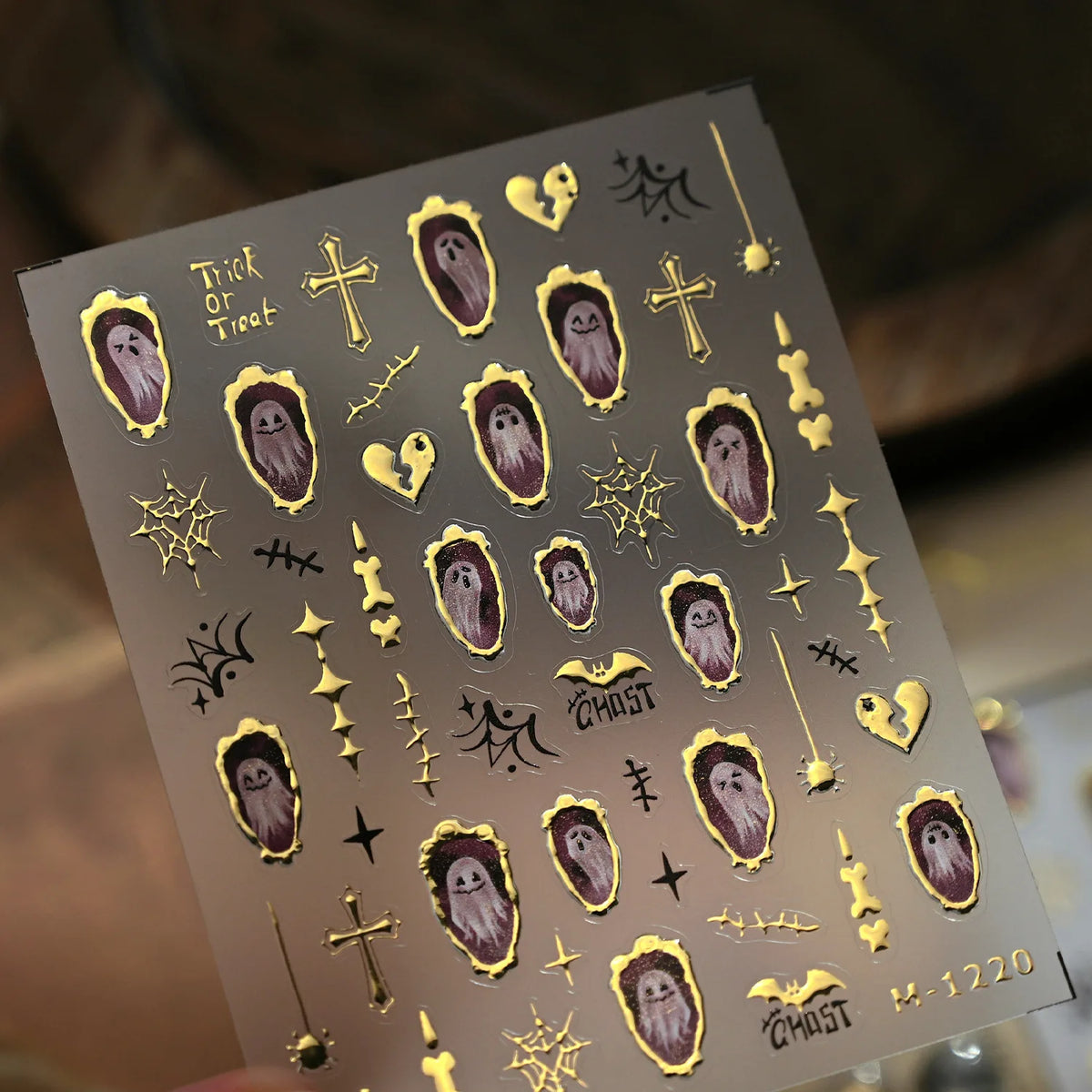 Stickers Ongles Halloween 5D Doré - Chauve-souris, Croix, Fantôme