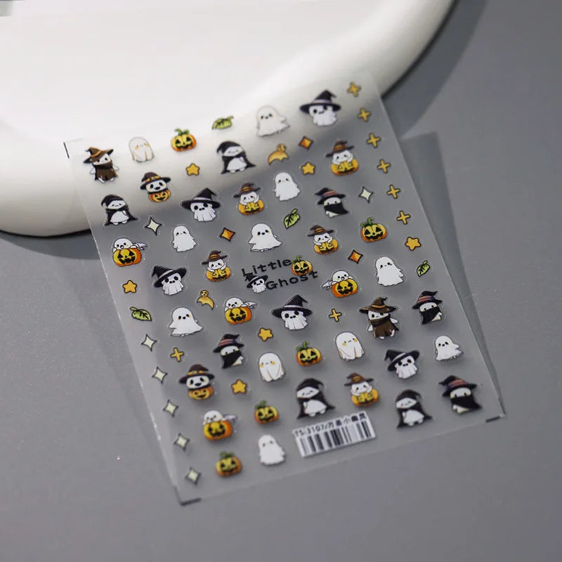 Stickers Ongles Halloween 5D Doré - Chauve-souris, Croix, Fantôme
