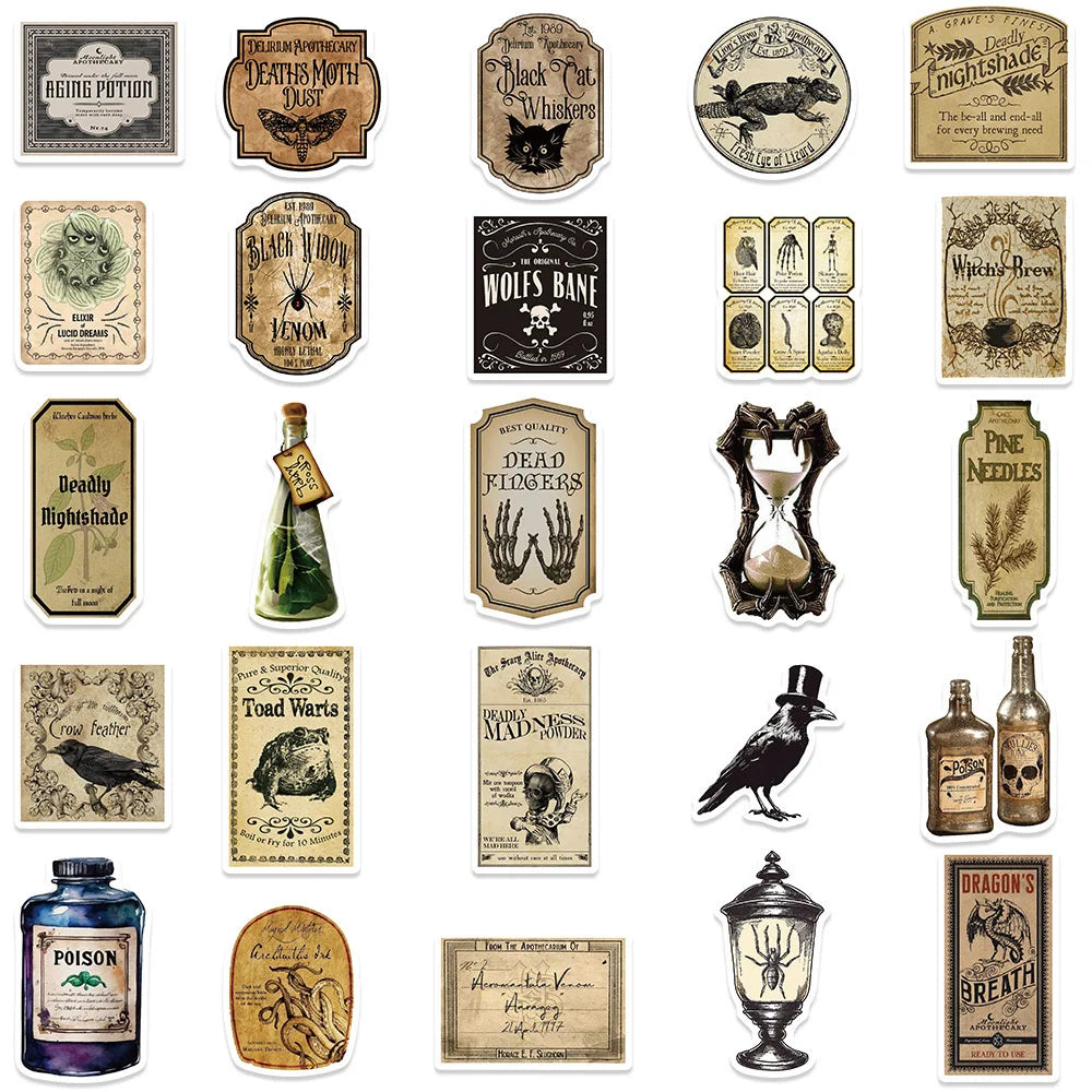 Stickers Halloween Vintage Fioles de Potion - Style Gothique Rétro