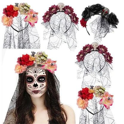Couronne de Fleurs avec Voile Noir - Halloween Día de los Muertos