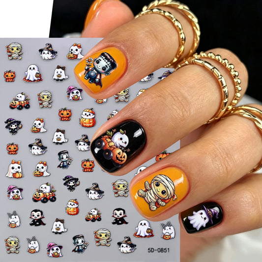 Stickers Ongles Halloween 5D - Fantôme, Momie, Vampire, Sorcière