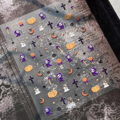 Stickers Ongles Sorcière Halloween 5D Irisé - Fantôme, Citrouille
