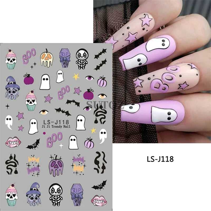 Stickers Ongles Halloween Mignons - Fantôme, Citrouille, Chat Noir