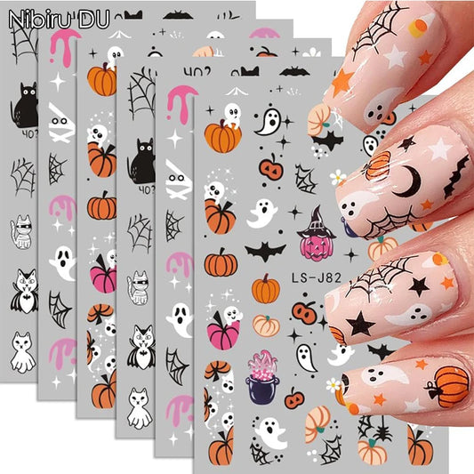 Stickers Ongles Halloween Mignons - Fantôme, Citrouille, Chat Noir