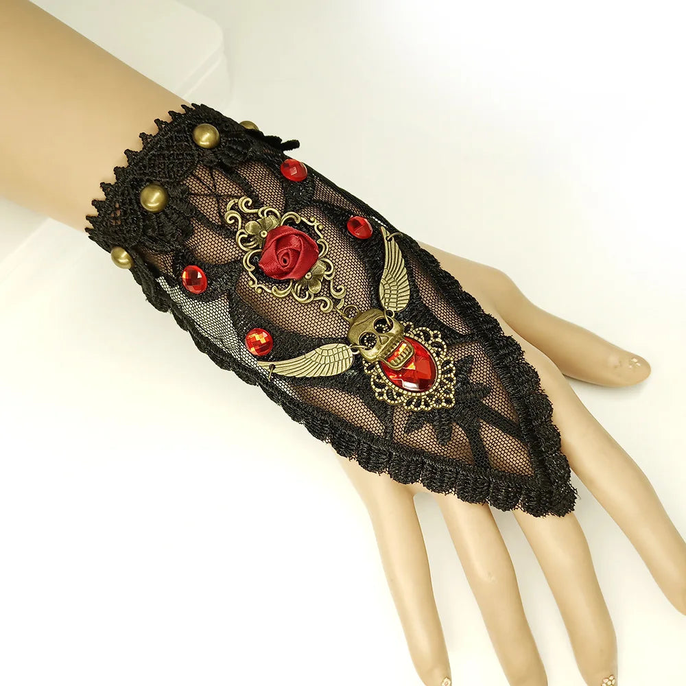 Bracelet gothique en dentelle – Crâne, squelette et araignée