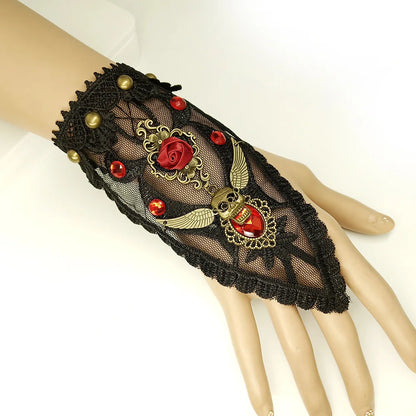 Bracelet gothique en dentelle – Crâne, squelette et araignée