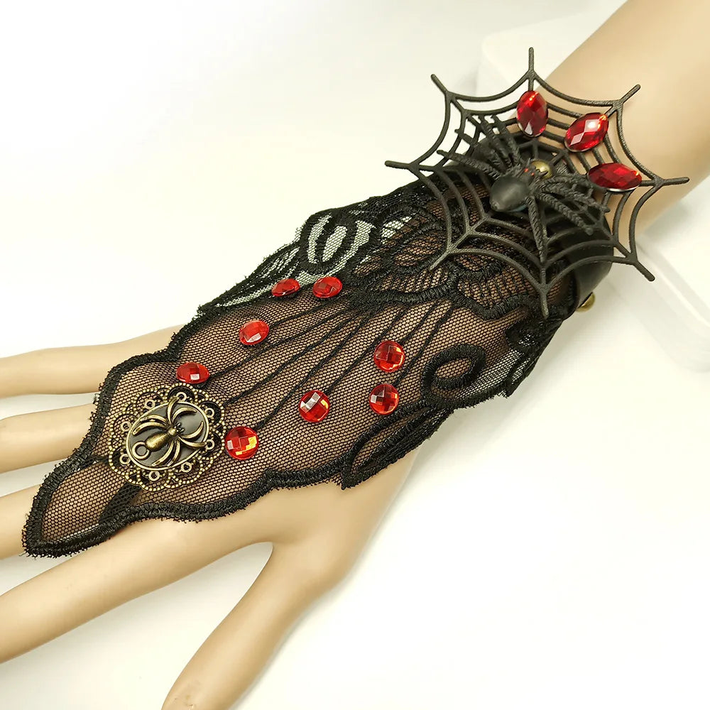 Bracelet gothique en dentelle – Crâne, squelette et araignée