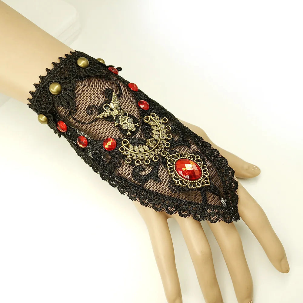 Bracelet gothique en dentelle – Crâne, squelette et araignée