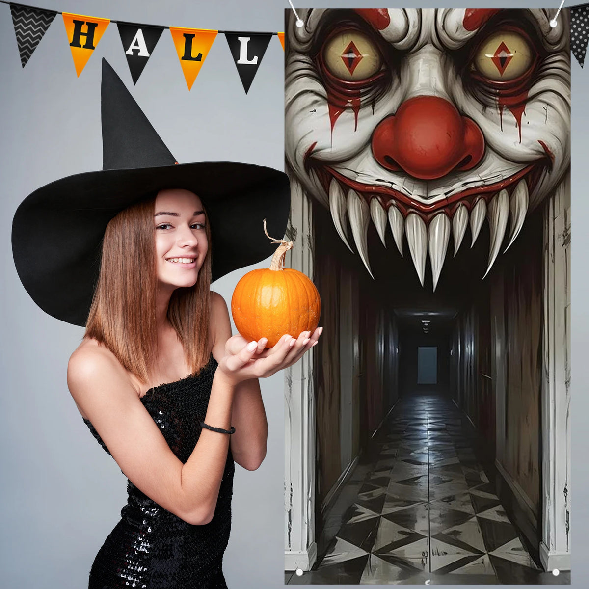 Housse de Porte Halloween Sorcière et Zombie - Décoration Maison Hantée