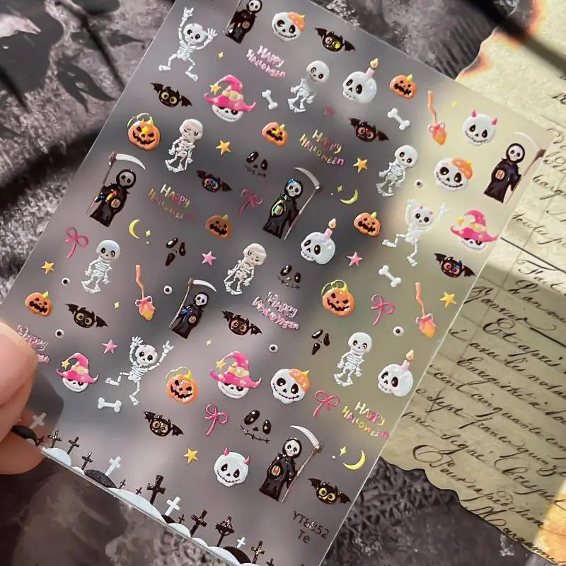 Stickers Ongles Sorcière Halloween 5D Irisé - Fantôme, Citrouille
