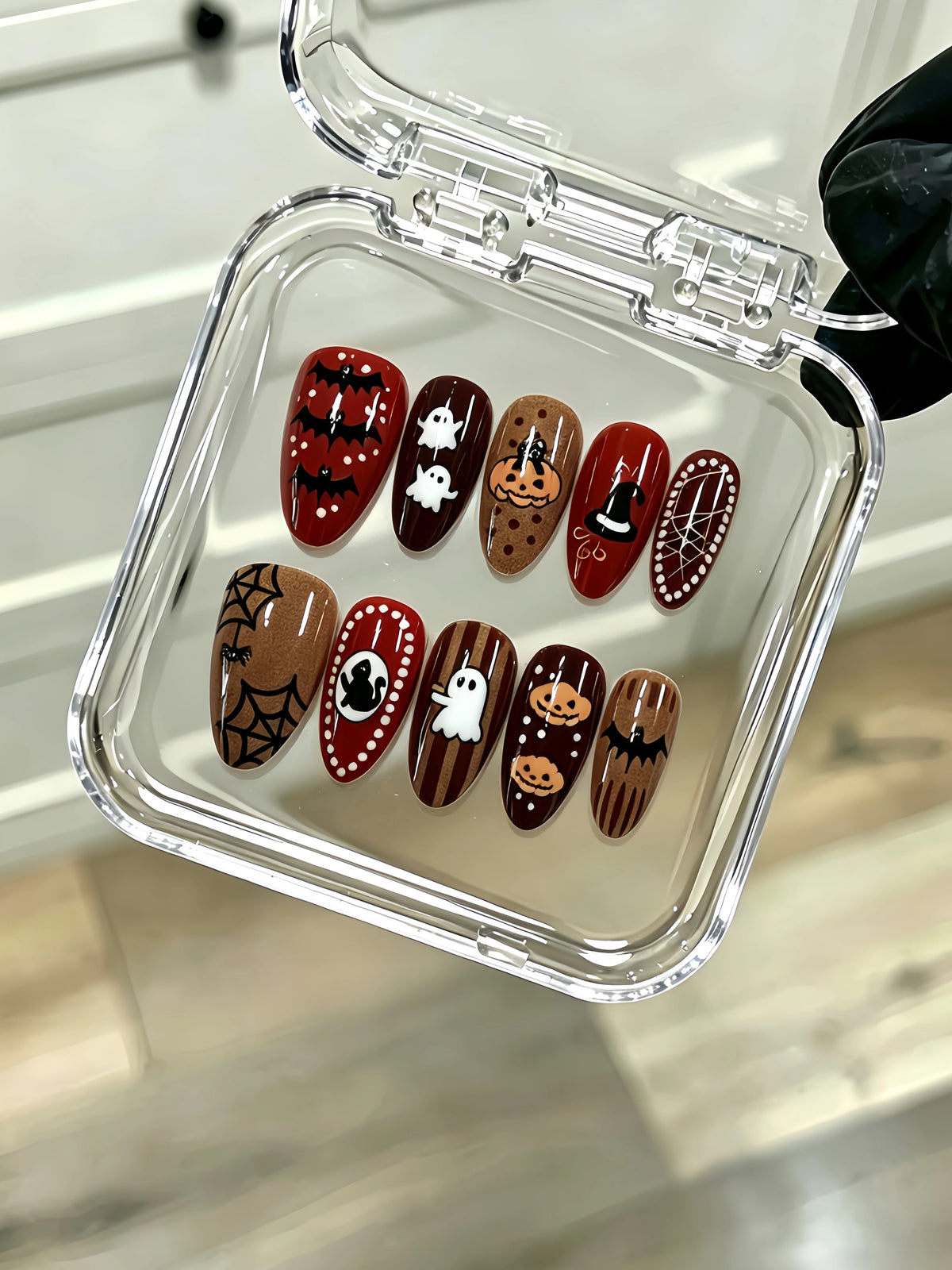 10 Faux Ongles Halloween Amande - Citrouilles, Fantômes, Chats Noirs