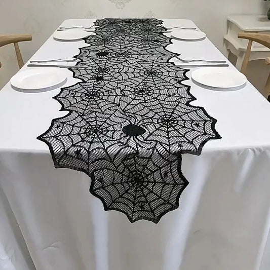 Nappe Dentelle Noire Toile d'Araignée et Squelette - Halloween