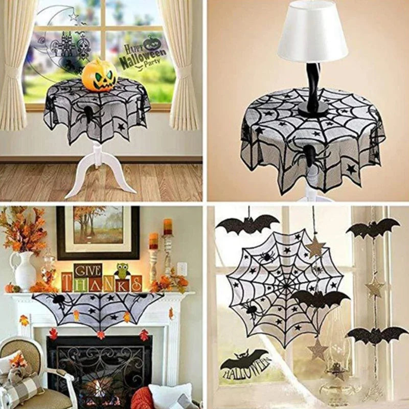 Nappe Dentelle Noire Toile d'Araignée et Squelette - Halloween