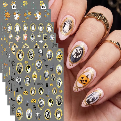 6 Stickers Ongles Halloween Gothique - Fantôme, Chauve-souris, Corbeau