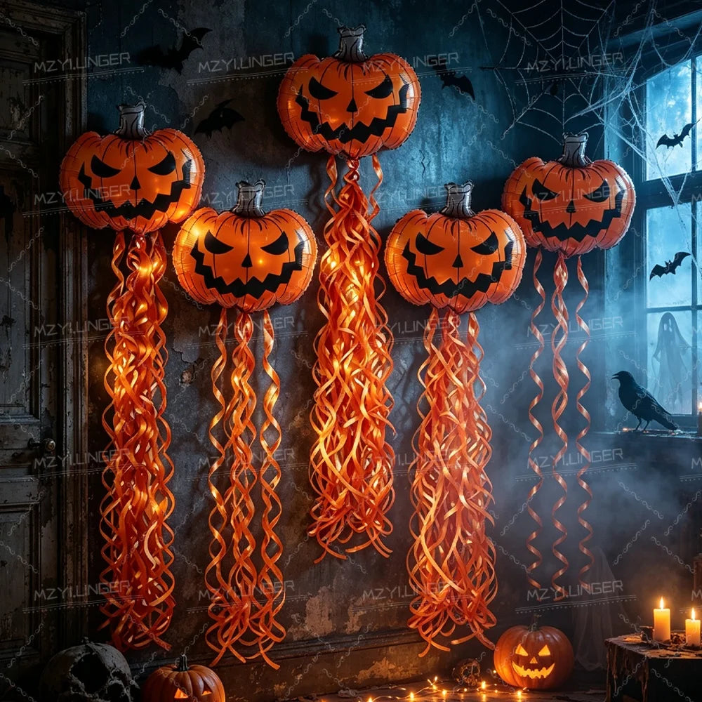 Set Décoration Halloween Ballons Citrouille et Rideau à Pampilles