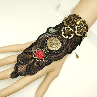Bracelet gothique en dentelle – Crâne, squelette et araignée