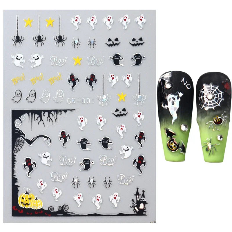 Stickers Ongles Halloween Mignons - Fantôme, Citrouille, Chat Noir