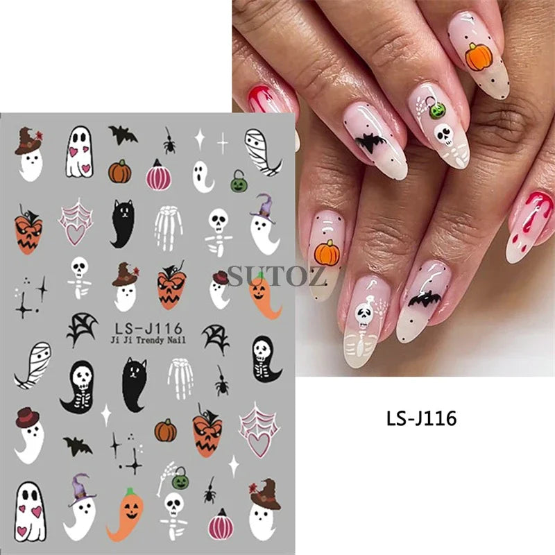 Stickers Ongles Halloween Mignons - Fantôme, Citrouille, Chat Noir