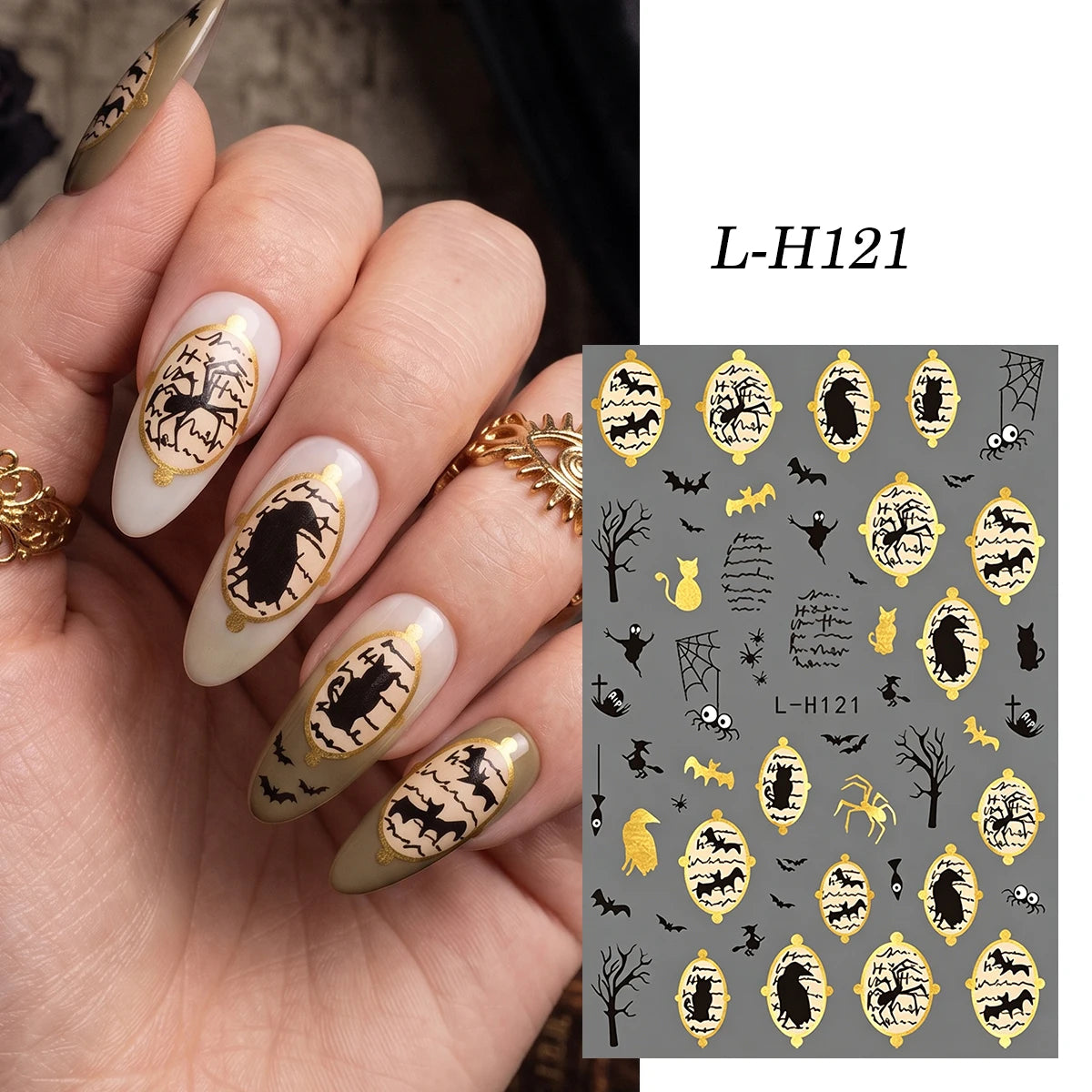 6 Stickers Ongles Halloween Gothique - Fantôme, Chauve-souris, Corbeau