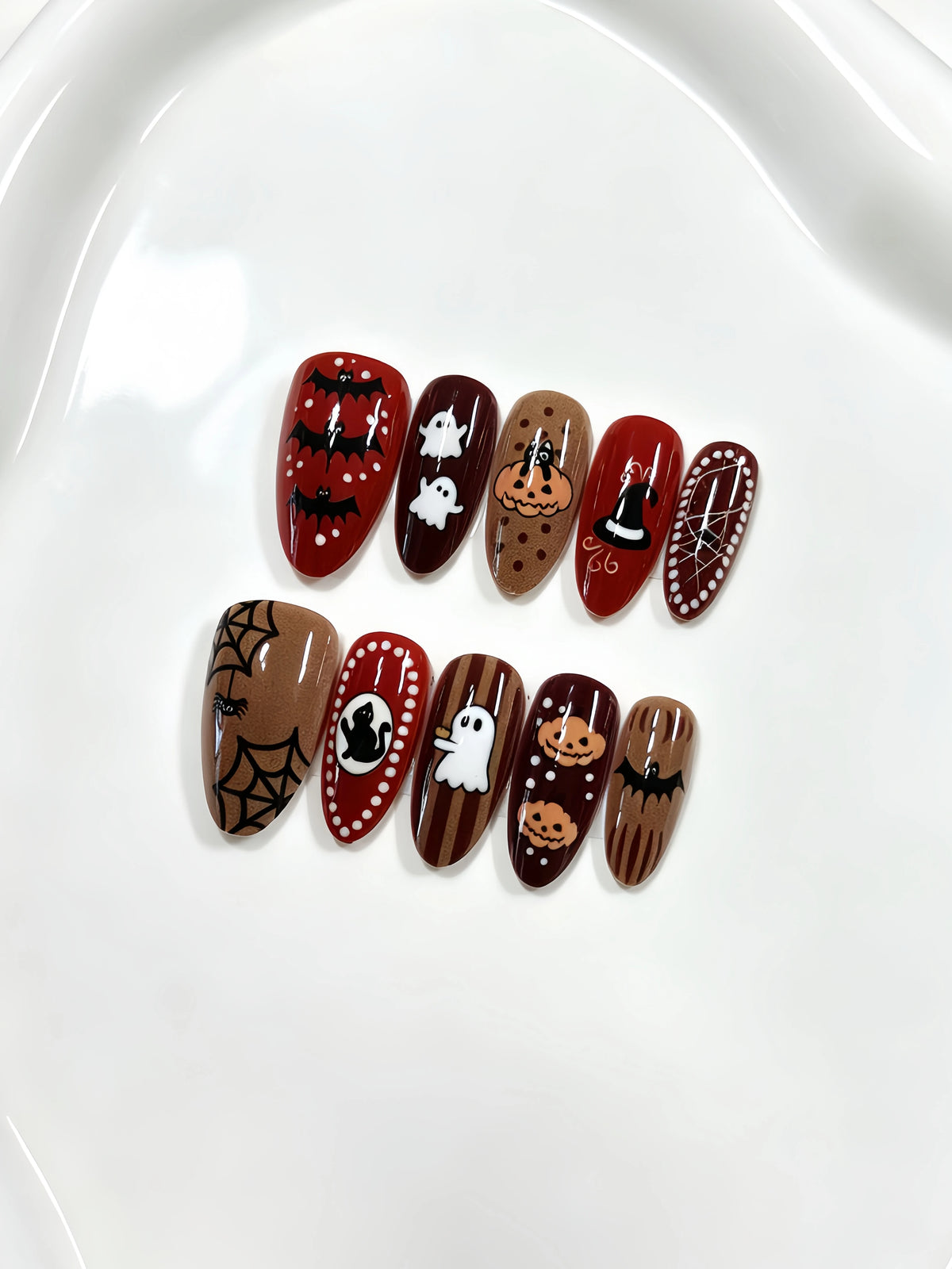 10 Faux Ongles Halloween Amande - Citrouilles, Fantômes, Chats Noirs