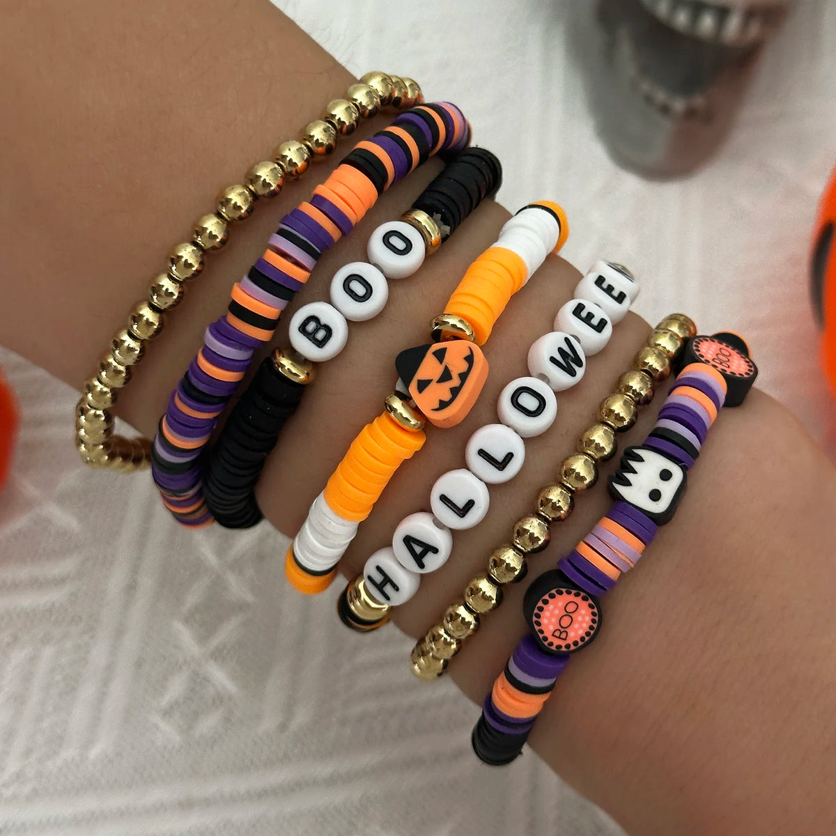 Bracelet perlé Halloween – Citrouille et fantôme