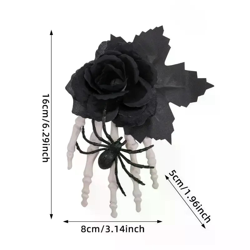 Pince à Cheveux Main Squelette et Rose Noire - Gothique