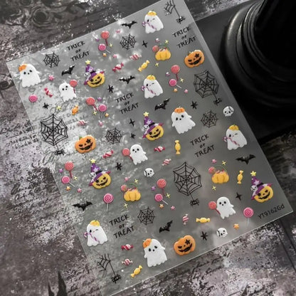 Stickers Ongles Sorcière Halloween 5D Irisé - Fantôme, Citrouille