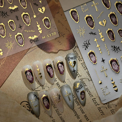 Stickers Ongles Halloween 5D Doré - Chauve-souris, Croix, Fantôme