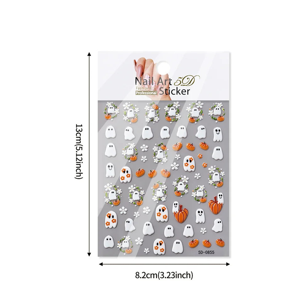 Planche Stickers Ongles Halloween 3D - Fantôme, Citrouille, Marguerite