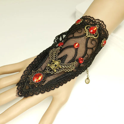 Bracelet gothique en dentelle – Crâne, squelette et araignée