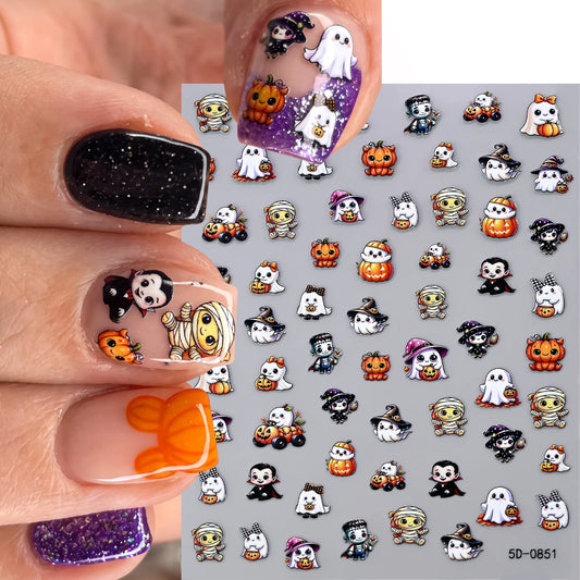 Stickers Ongles Halloween 5D - Fantôme, Momie, Vampire, Sorcière